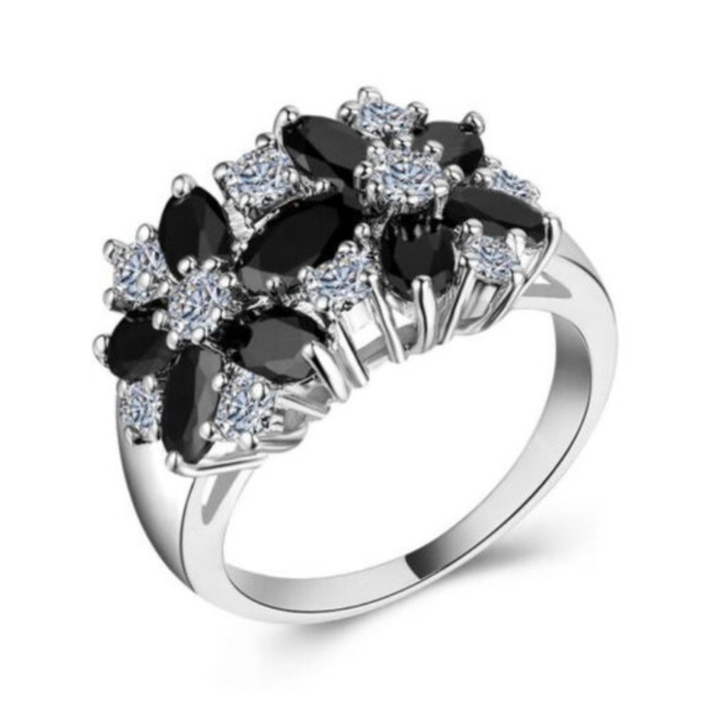 Stunning Silver Black White Sapphire Ring